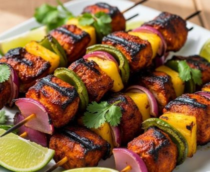 Colorful grilled jerk chicken skewers on a white platter garnished with fresh lime wedges and herbs