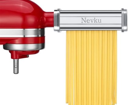 Nevku pasta maker attachments on a KitchenAid mixer, ready to make homemade pasta.