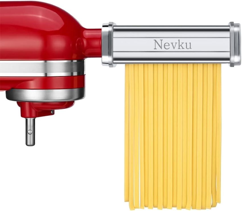 Nevku pasta maker attachments on a KitchenAid mixer, ready to make homemade pasta.