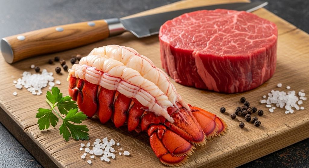 Fresh Maine lobster tail and raw beef tenderloin steak on cutting board ready for surf and turf preparation