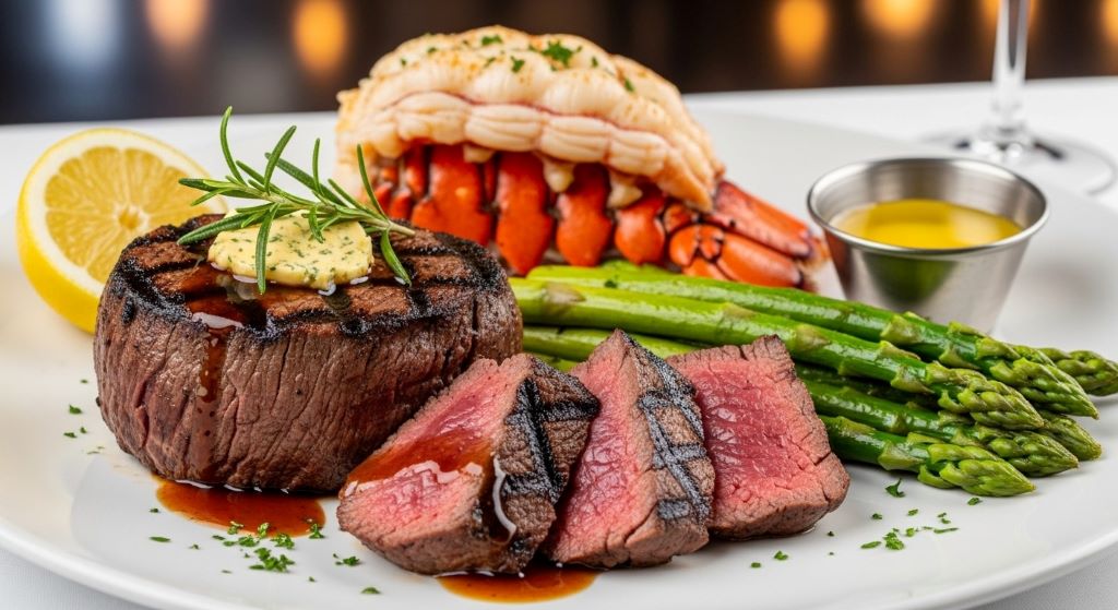 Grilled filet mignon steak and butter-poached lobster tail plated together as surf and turf entree with asparagus