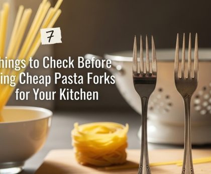 Stainless steel pasta fork lifting spaghetti from pot