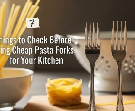 Stainless steel pasta fork lifting spaghetti from pot