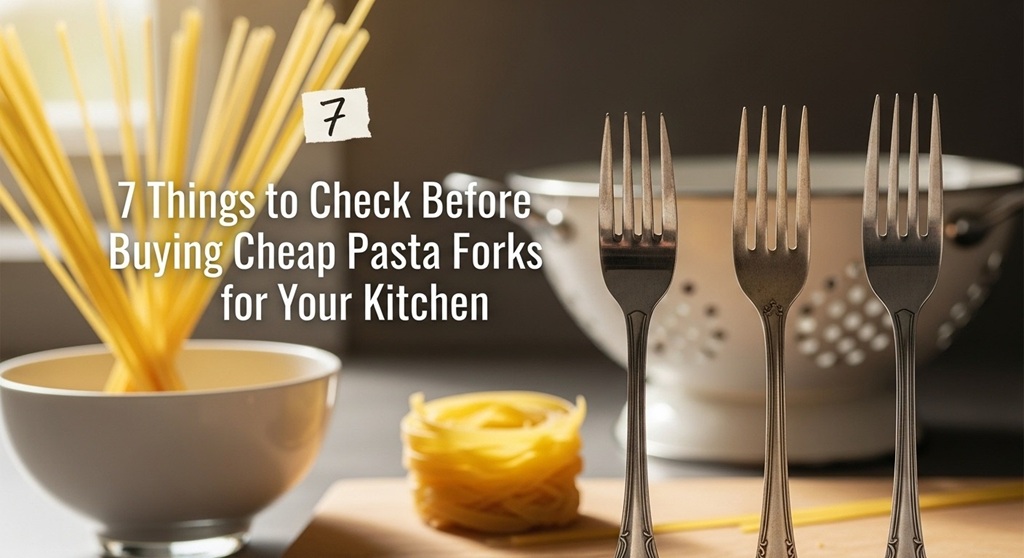 Stainless steel pasta fork lifting spaghetti from pot