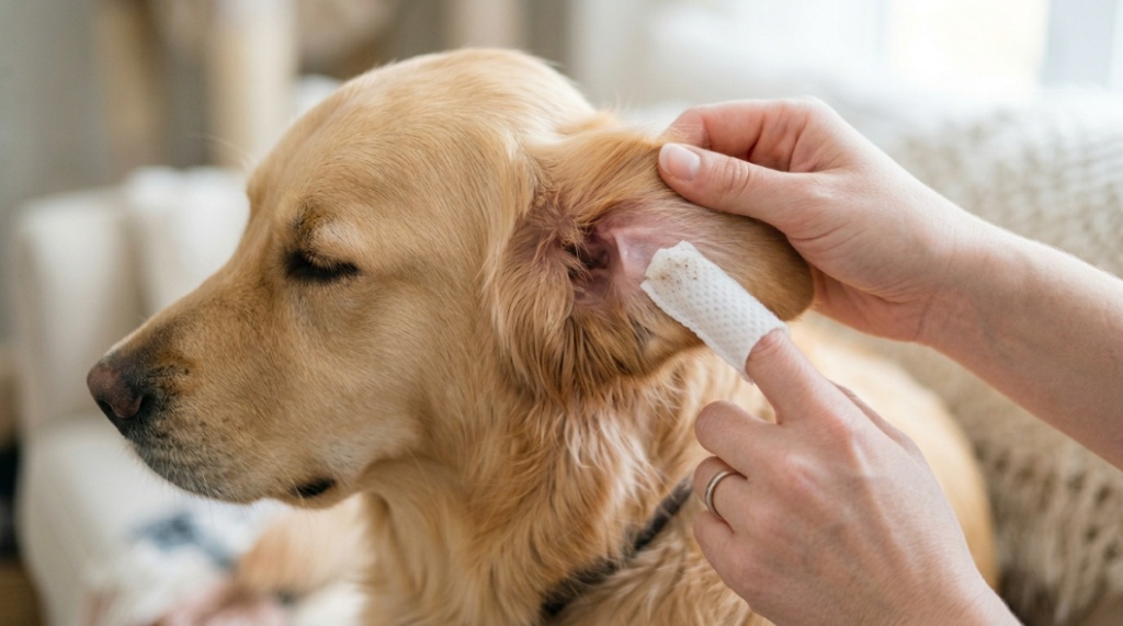 Close-up of a person gently cleaning a dog's ear flap with a white ear wipe.