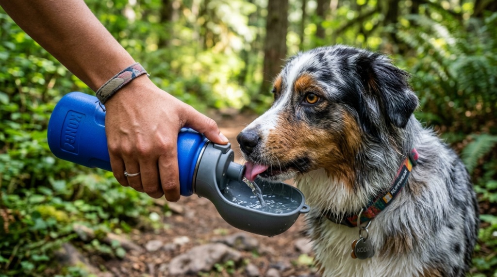 An Australian Shepherd dog drinking water from a blue portable travel water bottle on a hiking trail.