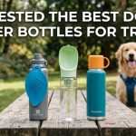 Three travel dog water bottles on a picnic table with a Golden Retriever in the background and article title text.