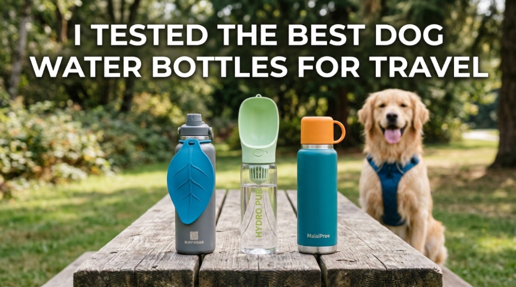 Three travel dog water bottles on a picnic table with a Golden Retriever in the background and article title text.