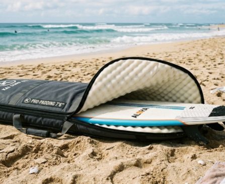 A foam padded surfboard bag lying on a sandy beach with a surfboard partially inserted, showing thick cushioned interior lining