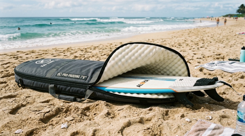 A foam padded surfboard bag lying on a sandy beach with a surfboard partially inserted, showing thick cushioned interior lining