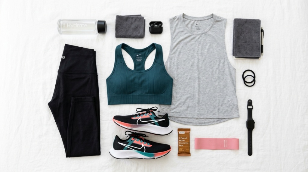A flat lay of women’s gym clothing essentials including leggings, sports bra, tank top, and running shoes arranged on a clean white background