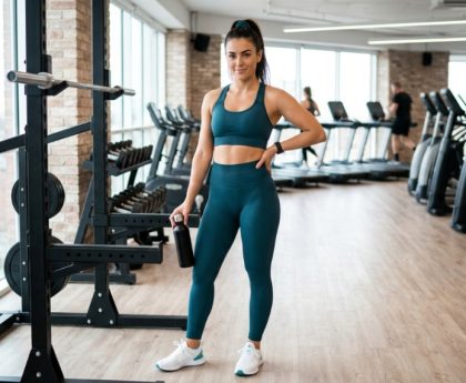 A woman in a well-coordinated fitness outfit including high-waisted leggings and a sports bra, standing in a bright modern gym