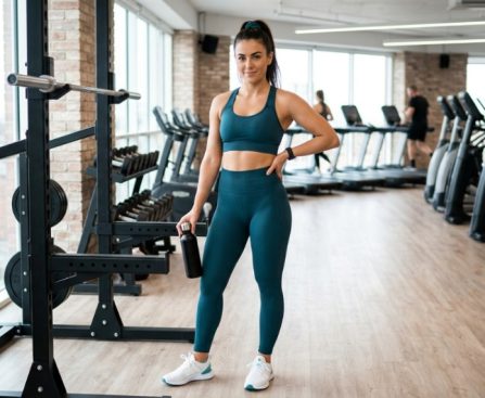 A woman in a well-coordinated fitness outfit including high-waisted leggings and a sports bra, standing in a bright modern gym