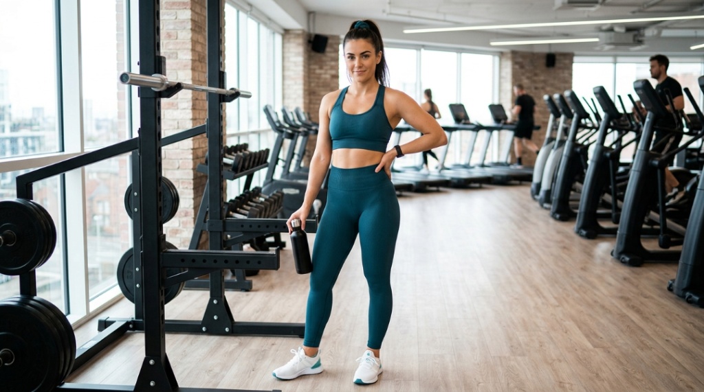 A woman in a well-coordinated fitness outfit including high-waisted leggings and a sports bra, standing in a bright modern gym