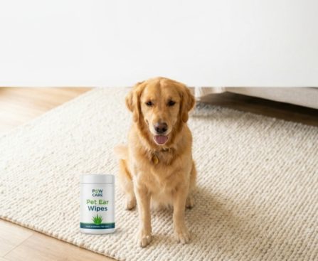 Healthy Golden Retriever sitting next to dog ear wipes in a bright room.