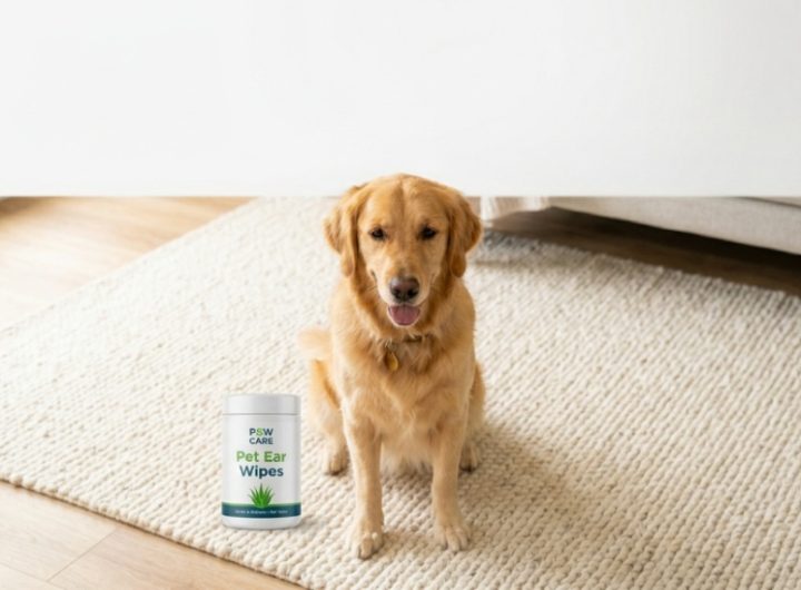 Healthy Golden Retriever sitting next to dog ear wipes in a bright room.