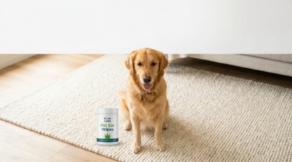 Healthy Golden Retriever sitting next to dog ear wipes in a bright room.