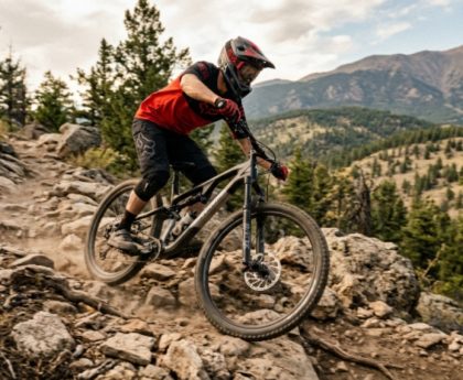Rider descending a rocky mountain trail using front rear disc brakes on a full-suspension mountain bike
