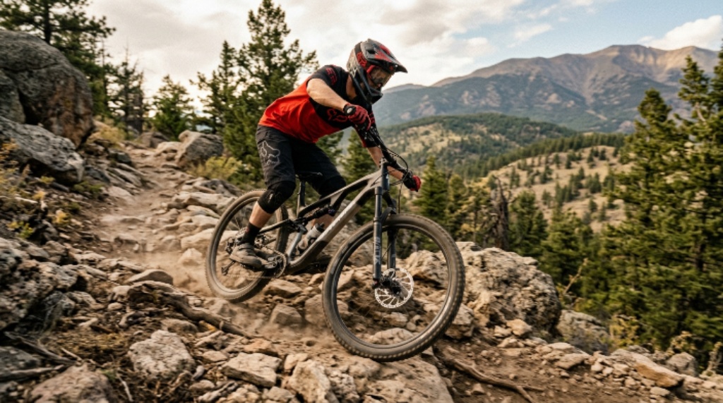 Rider descending a rocky mountain trail using front rear disc brakes on a full-suspension mountain bike
