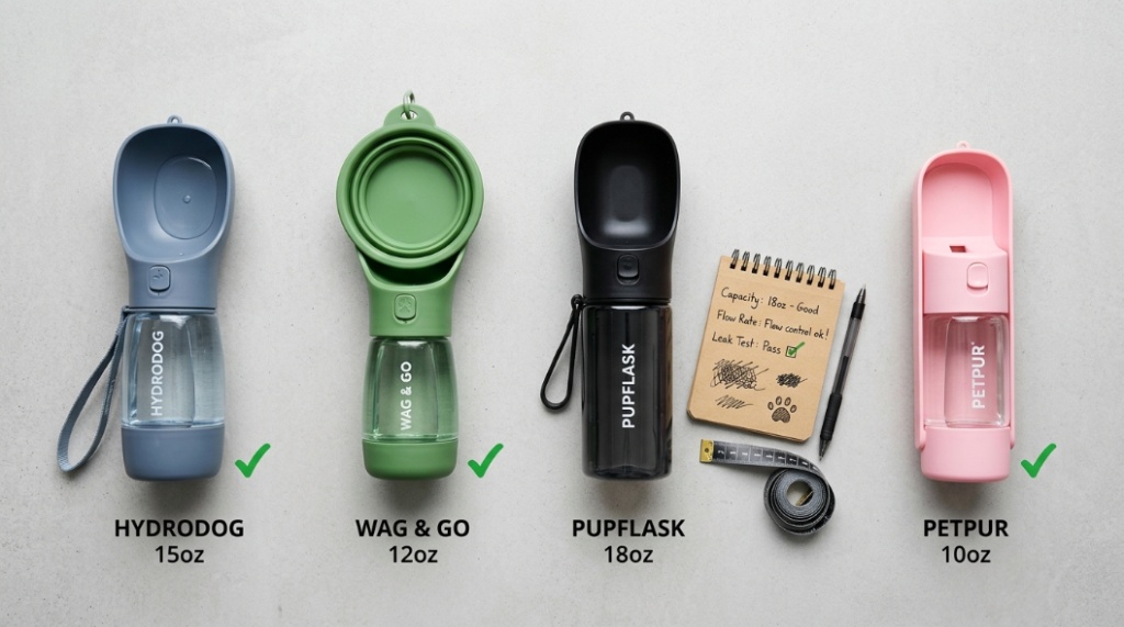 A flat lay comparison of four different portable dog water bottles laid out for a product testing review.