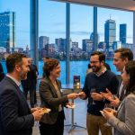 Machine learning professionals networking at a Boston AI technology conference during winter