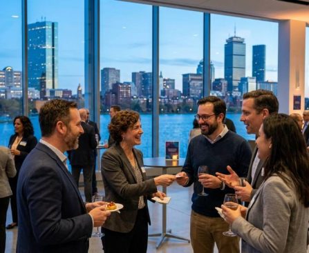 Machine learning professionals networking at a Boston AI technology conference during winter