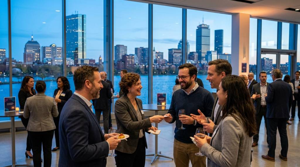 Machine learning professionals networking at a Boston AI technology conference during winter