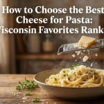 A bowl of steaming fettuccine pasta with shredded Wisconsin cheese and article title text overlay.