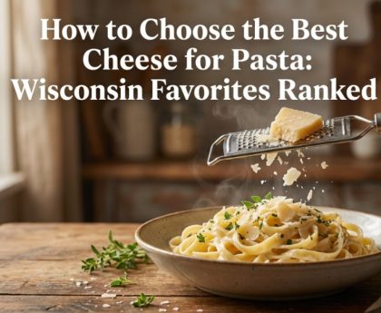 A bowl of steaming fettuccine pasta with shredded Wisconsin cheese and article title text overlay.