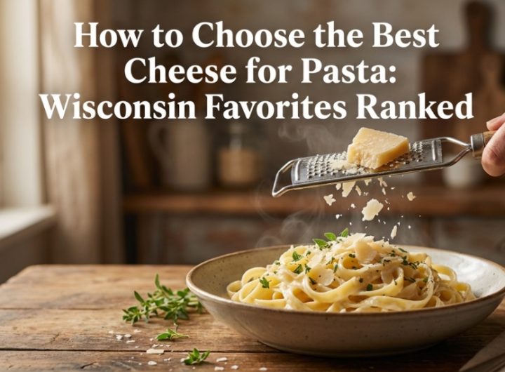 A bowl of steaming fettuccine pasta with shredded Wisconsin cheese and article title text overlay.