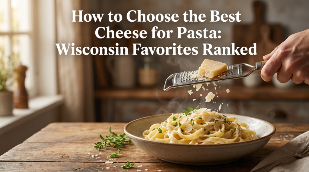 A bowl of steaming fettuccine pasta with shredded Wisconsin cheese and article title text overlay.