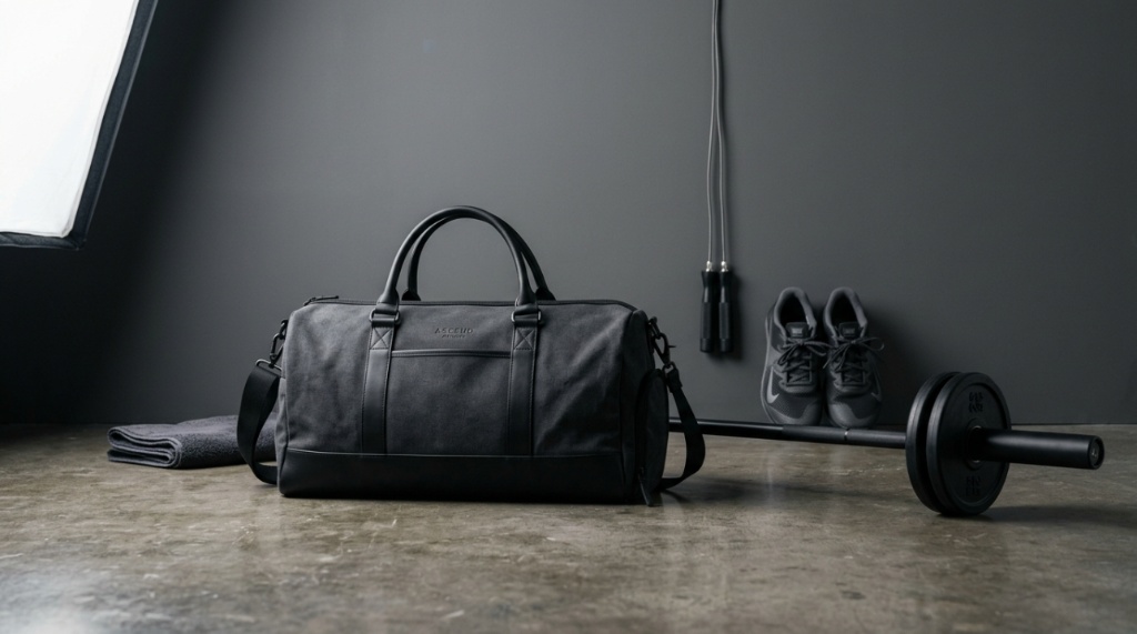 Person carrying a modern black duffel bag over their shoulder at fitness center.