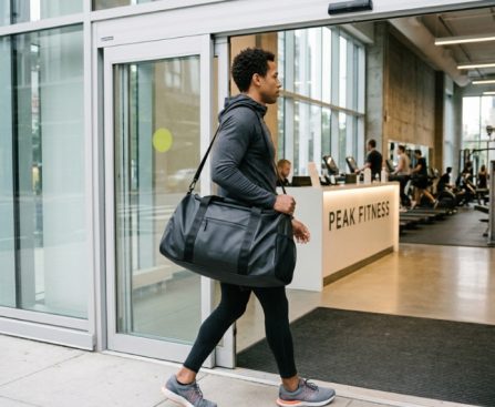 Sleek premium gym bag sitting on a clean floor next to fitness gear.