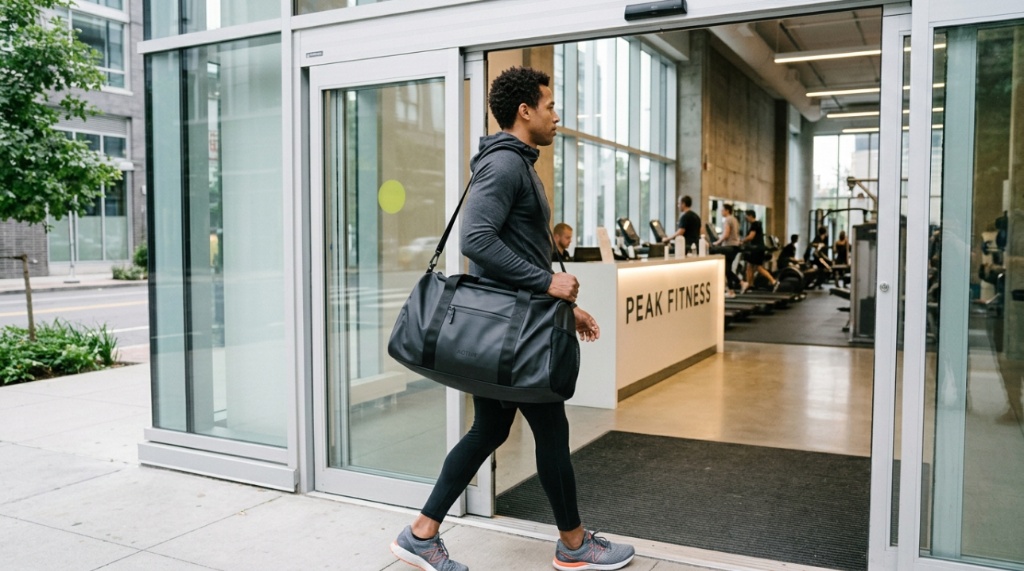 Sleek premium gym bag sitting on a clean floor next to fitness gear.