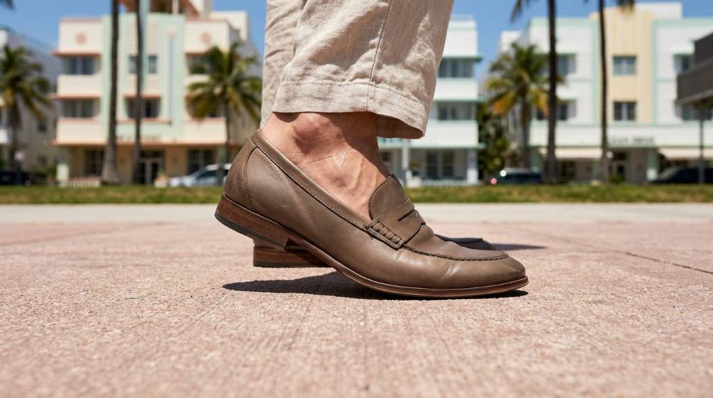 Person checking proper shoe fit before walking