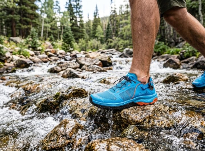 Person wearing affordable water shoes by a Colorado mountain lake.