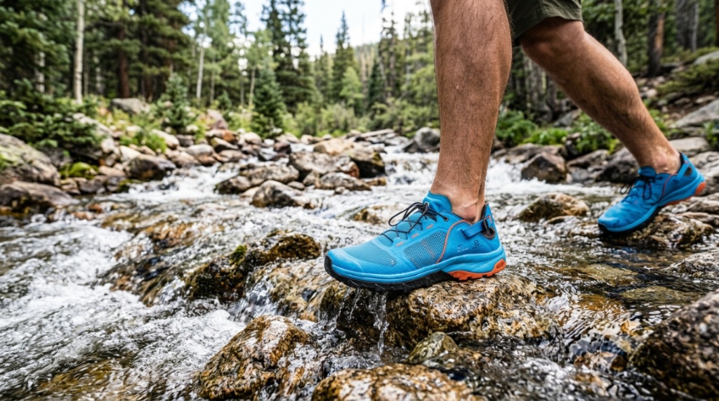 Person wearing affordable water shoes by a Colorado mountain lake.