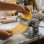 Hands feeding fresh dough through a stainless steel pasta maker.