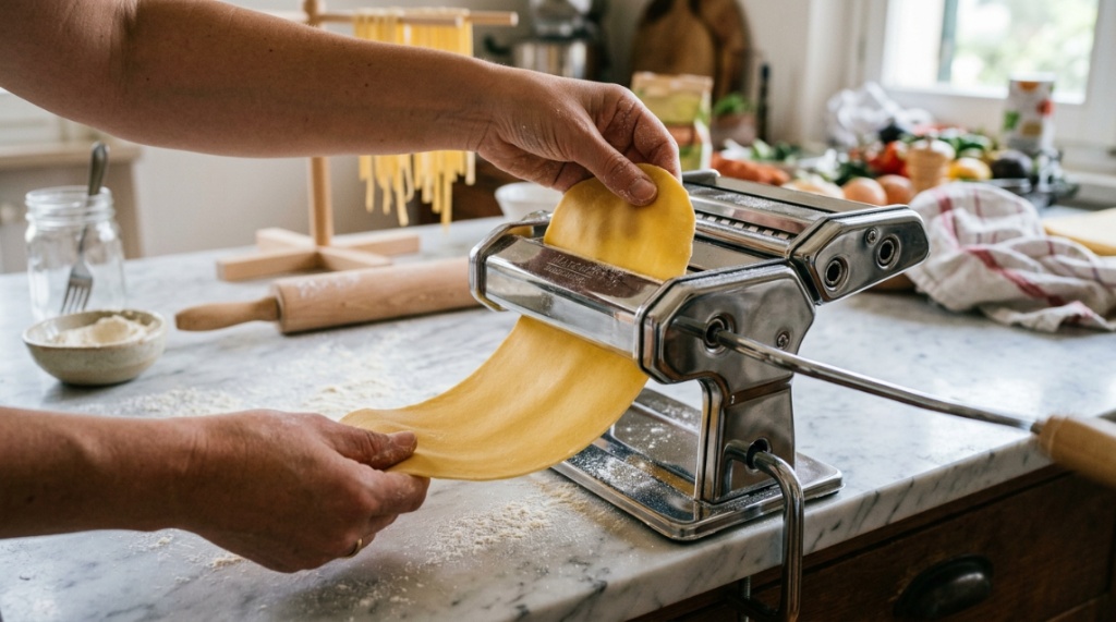 Hands feeding fresh dough through a stainless steel pasta maker.