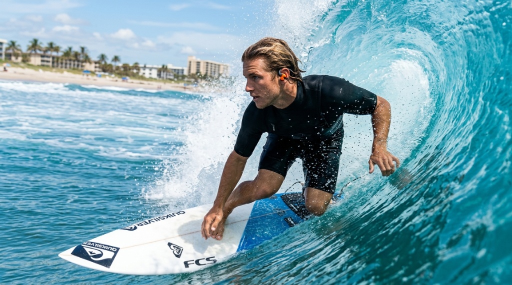 Surfer wearing protective ear plugs catching a sunny Florida wave.