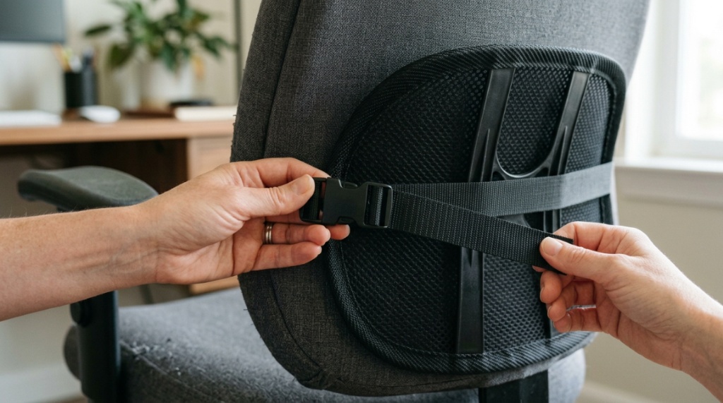 Hands adjusting the strap on an affordable mesh back support cushion.