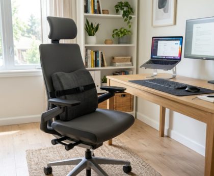 Ergonomic office chair with an affordable memory foam lumbar support pillow.