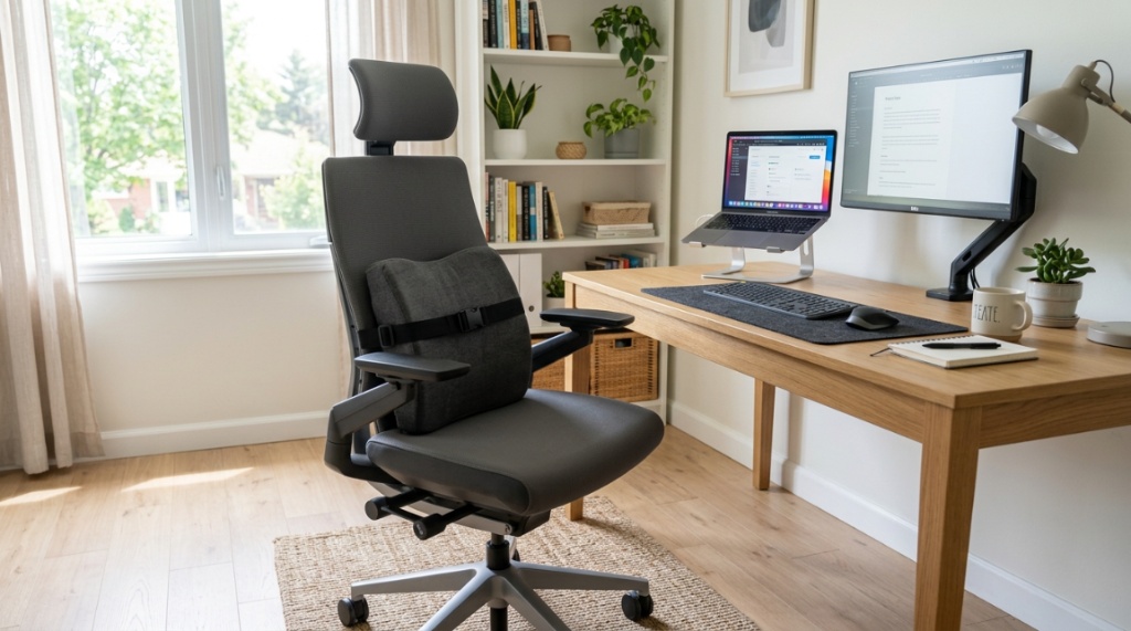 Ergonomic office chair with an affordable memory foam lumbar support pillow.
