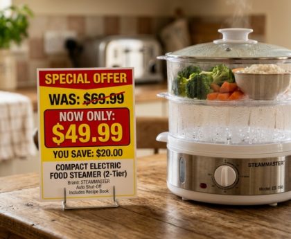 Stainless steel electric food steamer cooking fresh vibrant vegetables on a kitchen counter.