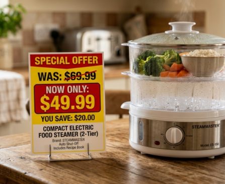 Stainless steel electric food steamer cooking fresh vibrant vegetables on a kitchen counter.