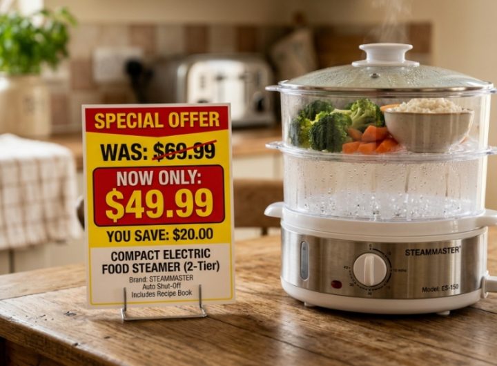 Stainless steel electric food steamer cooking fresh vibrant vegetables on a kitchen counter.