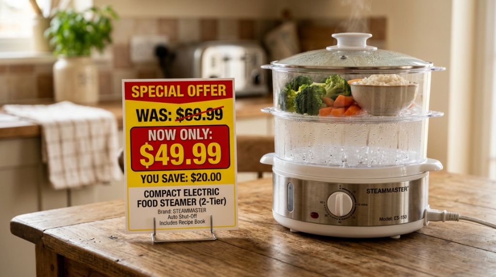 Stainless steel electric food steamer cooking fresh vibrant vegetables on a kitchen counter.