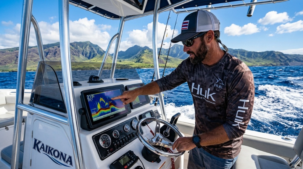 Modern fish finder screen displaying fish arches in clear Hawaiian waters.