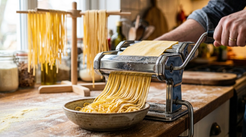 Fresh spaghetti strands coming out of a pasta machine cutter.