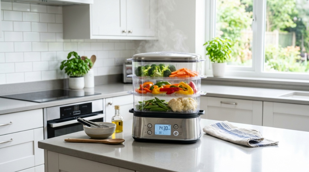 t: Discount price tag placed next to a compact electric food steamer appliance.